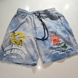Mens Blue Tie Dye Graphic Sweat Shorts Philadelphia Los Angeles Smiley Rose S